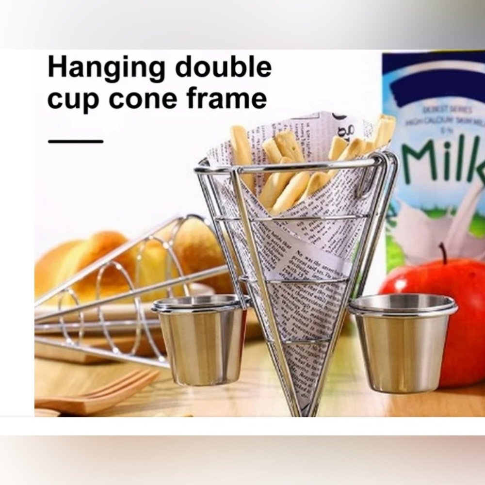 2 x French Fry Cone/Basket Holder With Stand and dipping sauce containers metal